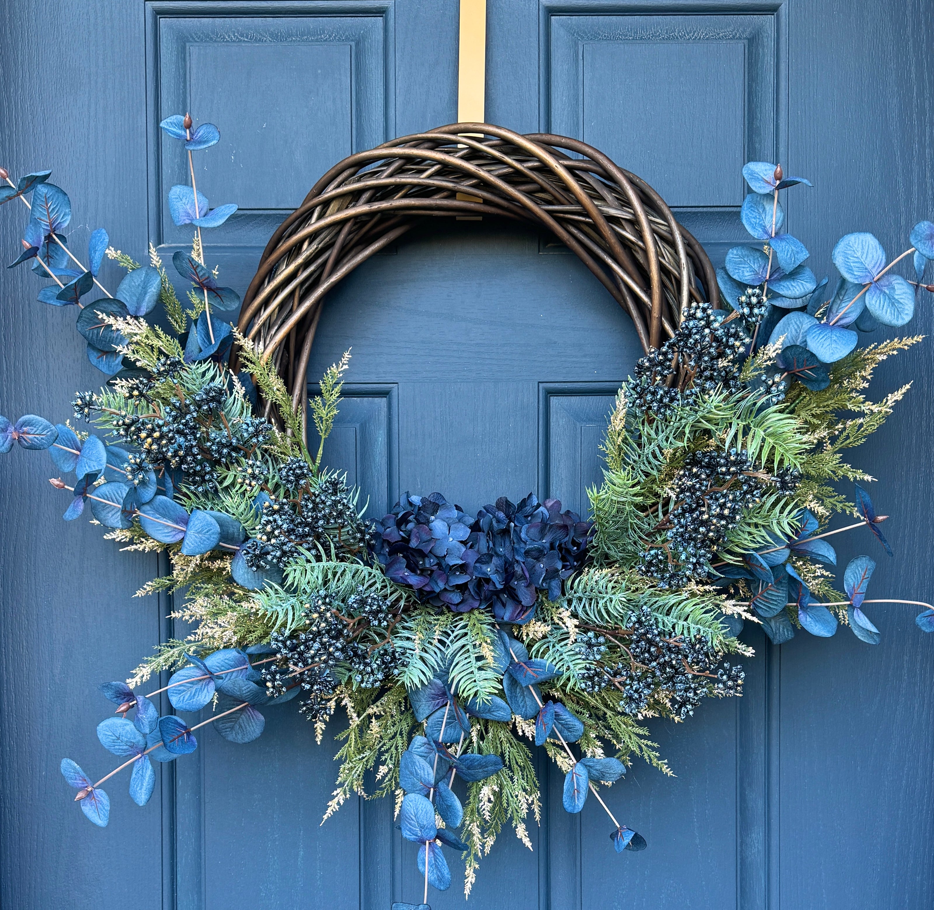 AVAILABLE IN STORE - Elegant Blue Botanical Wreath – Eucalyptus, Fern & Hydrangea Accent