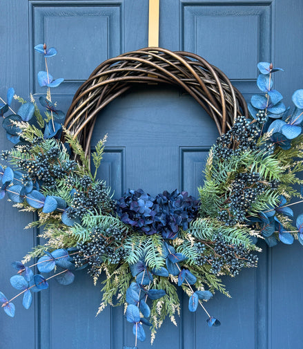 AVAILABLE IN STORE - Elegant Blue Botanical Wreath – Eucalyptus, Fern & Hydrangea Accent