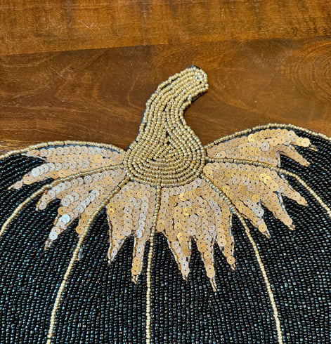 Set of 2 TAHARI HOME Black and Gold Sequin/Beaded Pumpkin Charger
