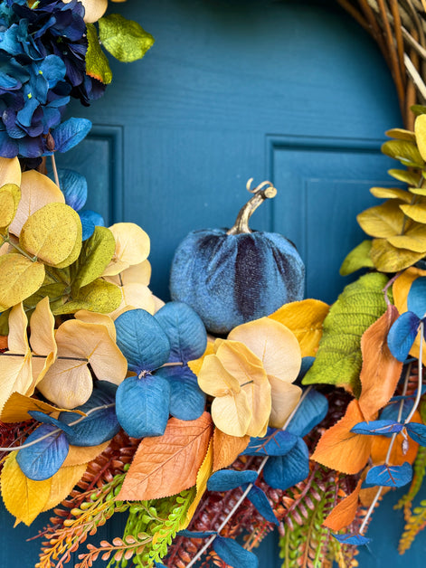 Midnight Harvest Fall Wreath – Navy and Gold Autumn Door Décor with Velvet Pumpkin
