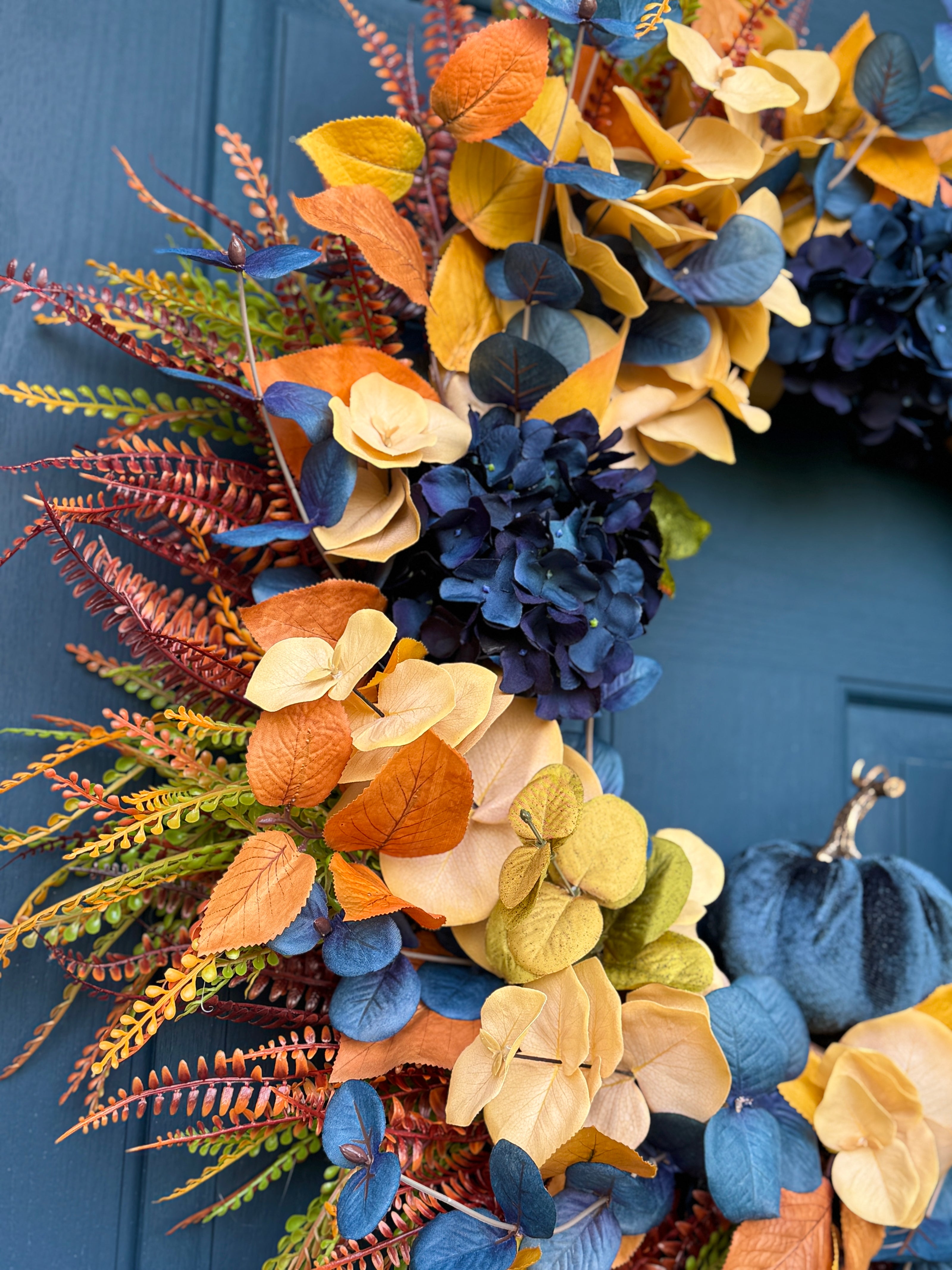 Midnight Harvest Fall Wreath – Navy and Gold Autumn Door Décor with Velvet Pumpkin