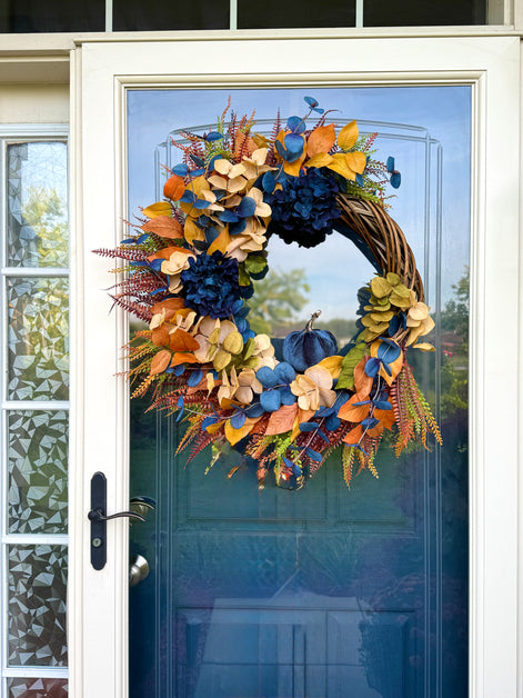Midnight Harvest Fall Wreath – Navy and Gold Autumn Door Décor with Velvet Pumpkin
