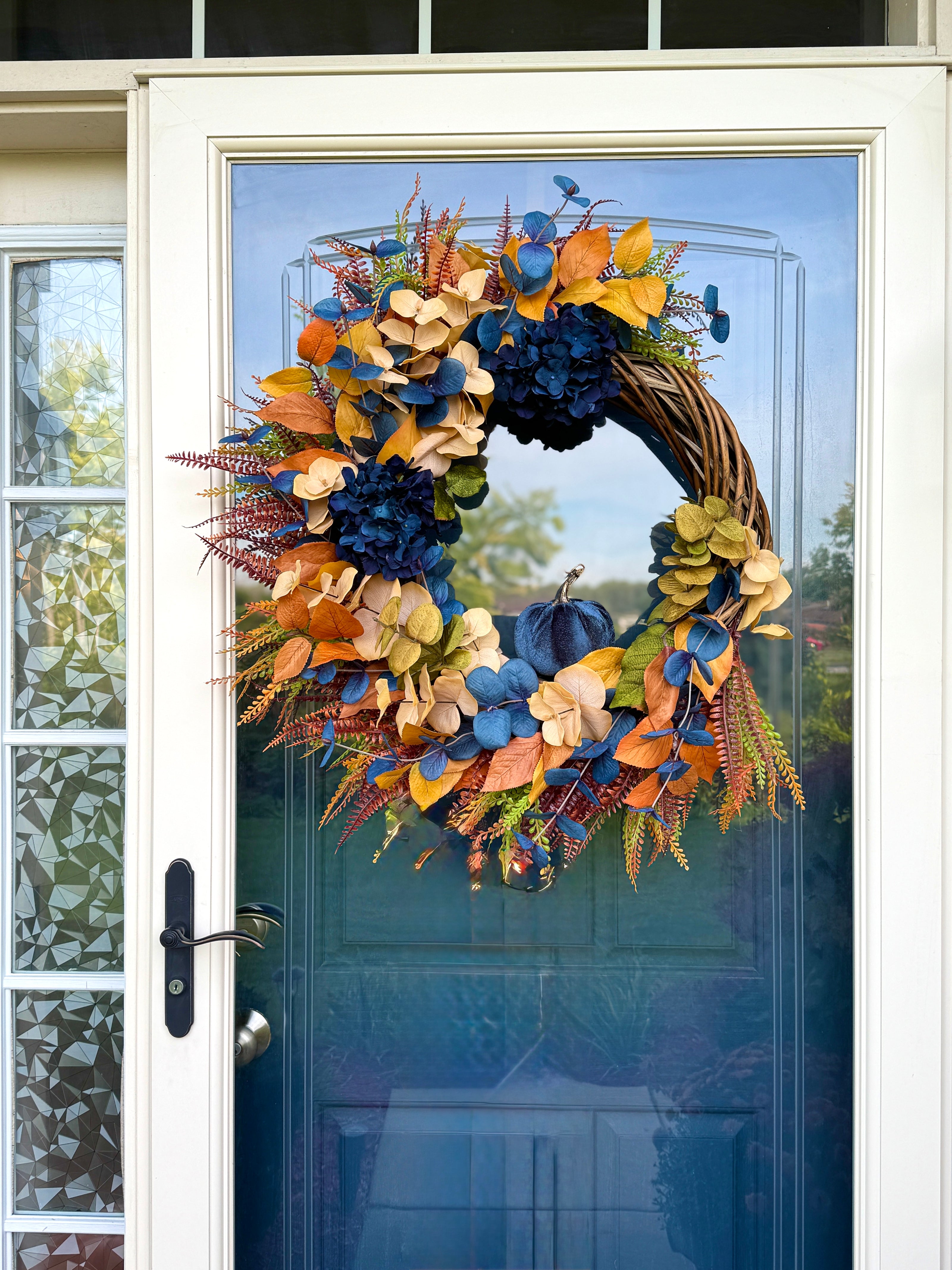 Midnight Harvest Fall Wreath – Navy and Gold Autumn Door Décor with Velvet Pumpkin