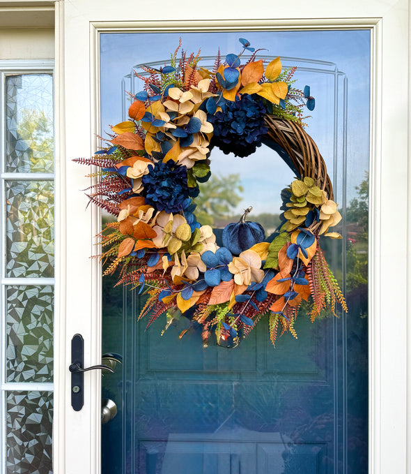 Midnight Harvest Fall Wreath – Navy and Gold Autumn Door Décor with Velvet Pumpkin