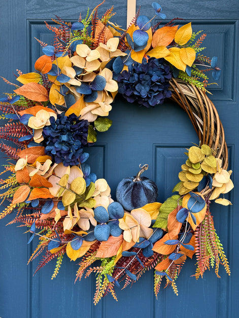 Midnight Harvest Fall Wreath – Navy and Gold Autumn Door Décor with Velvet Pumpkin