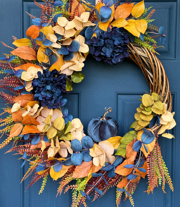 Midnight Harvest Fall Wreath – Navy and Gold Autumn Door Décor with Velvet Pumpkin