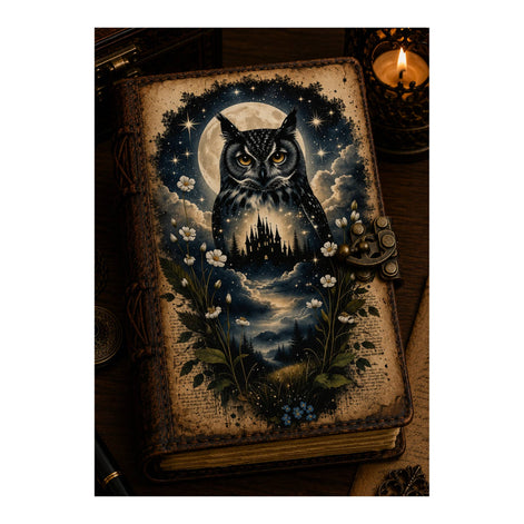 Owl Celestial Moon Leather Diary for Witchy Boutiques Cover