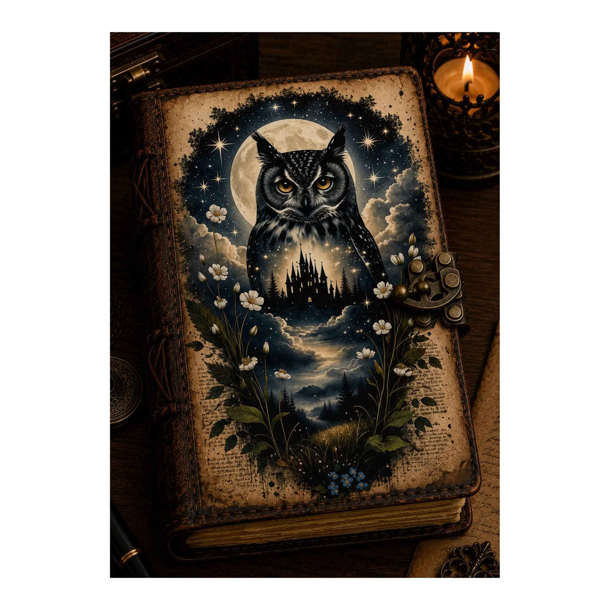 Owl Celestial Moon Leather Diary for Witchy Boutiques Cover