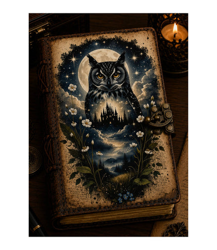 Owl Celestial Moon Leather Diary for Witchy Boutiques Cover