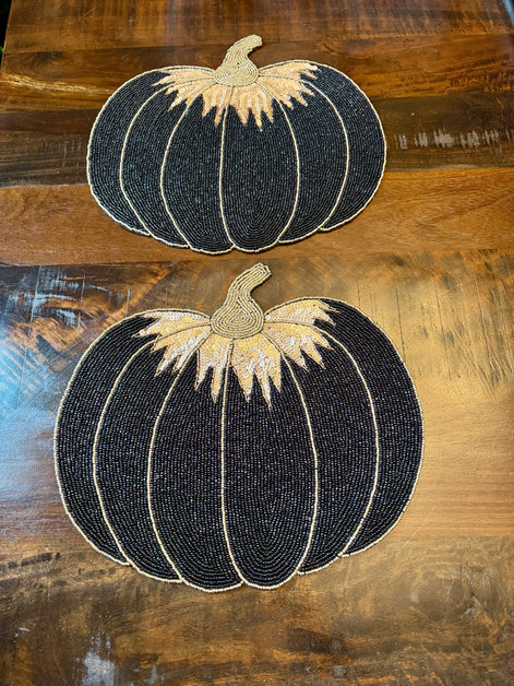Set of 2 TAHARI HOME Black and Gold Sequin/Beaded Pumpkin Charger