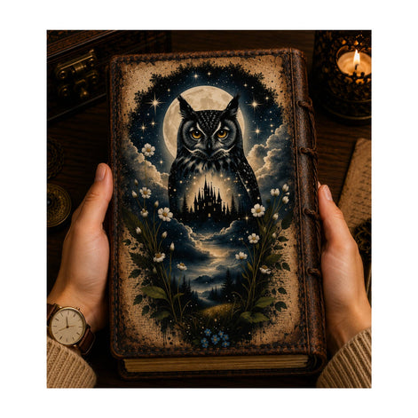 Owl Celestial Moon Leather Diary for Witchy Boutiques Cover
