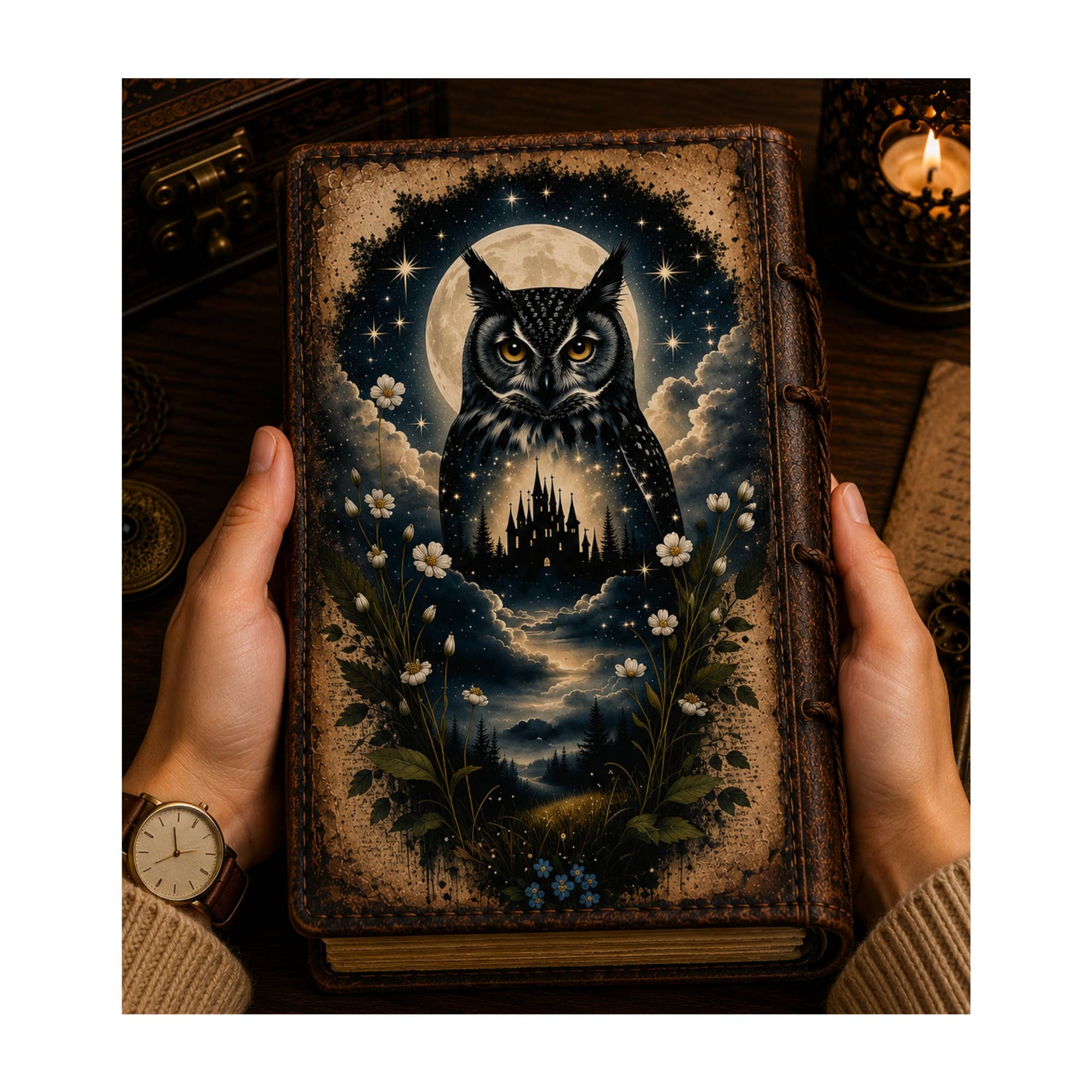 Owl Celestial Moon Leather Diary for Witchy Boutiques Cover
