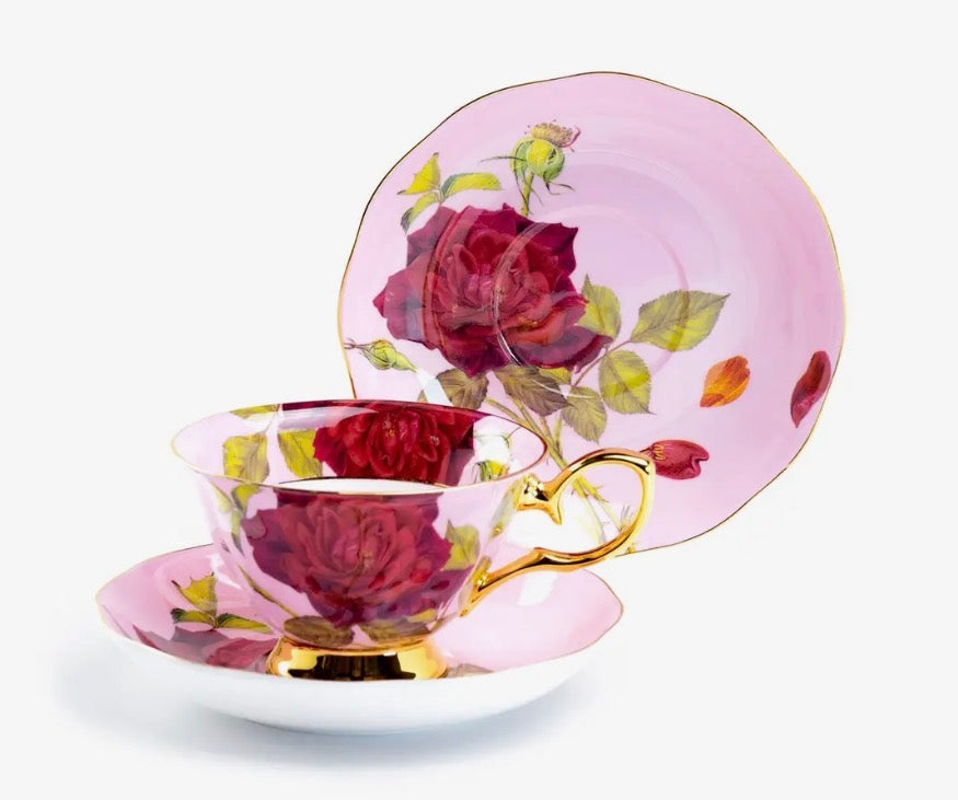 Gold Pink Stem Rose 7oz Bone China Tea Cup and Saucer