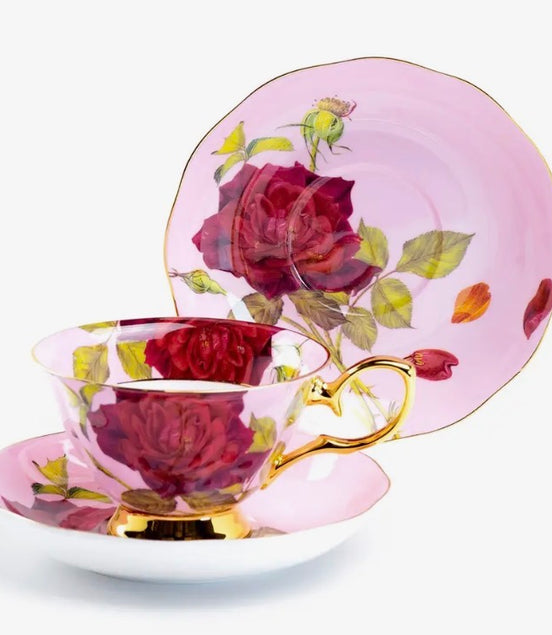 Gold Pink Stem Rose 7oz Bone China Tea Cup and Saucer