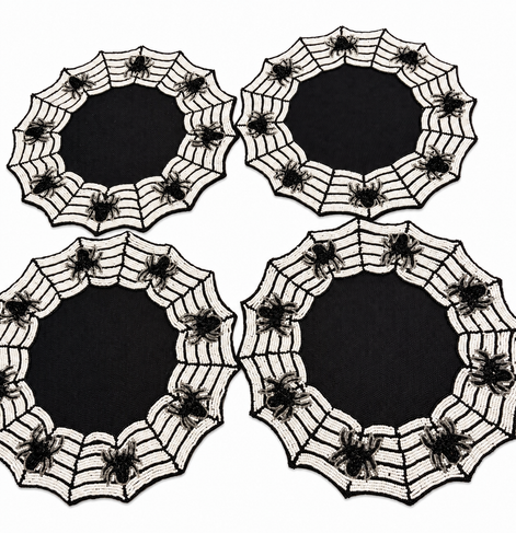 Set of 4 Tahari Halloween Beaded Charger Spider Web Placemats