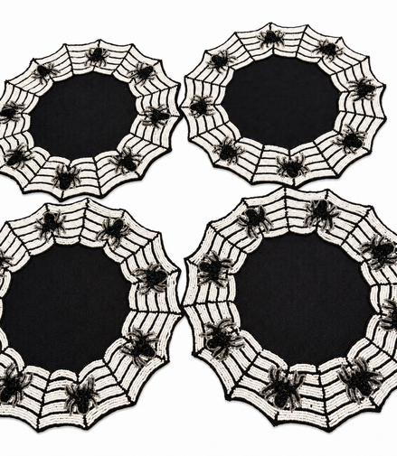 Set of 4 Tahari Halloween Beaded Charger Spider Web Placemats