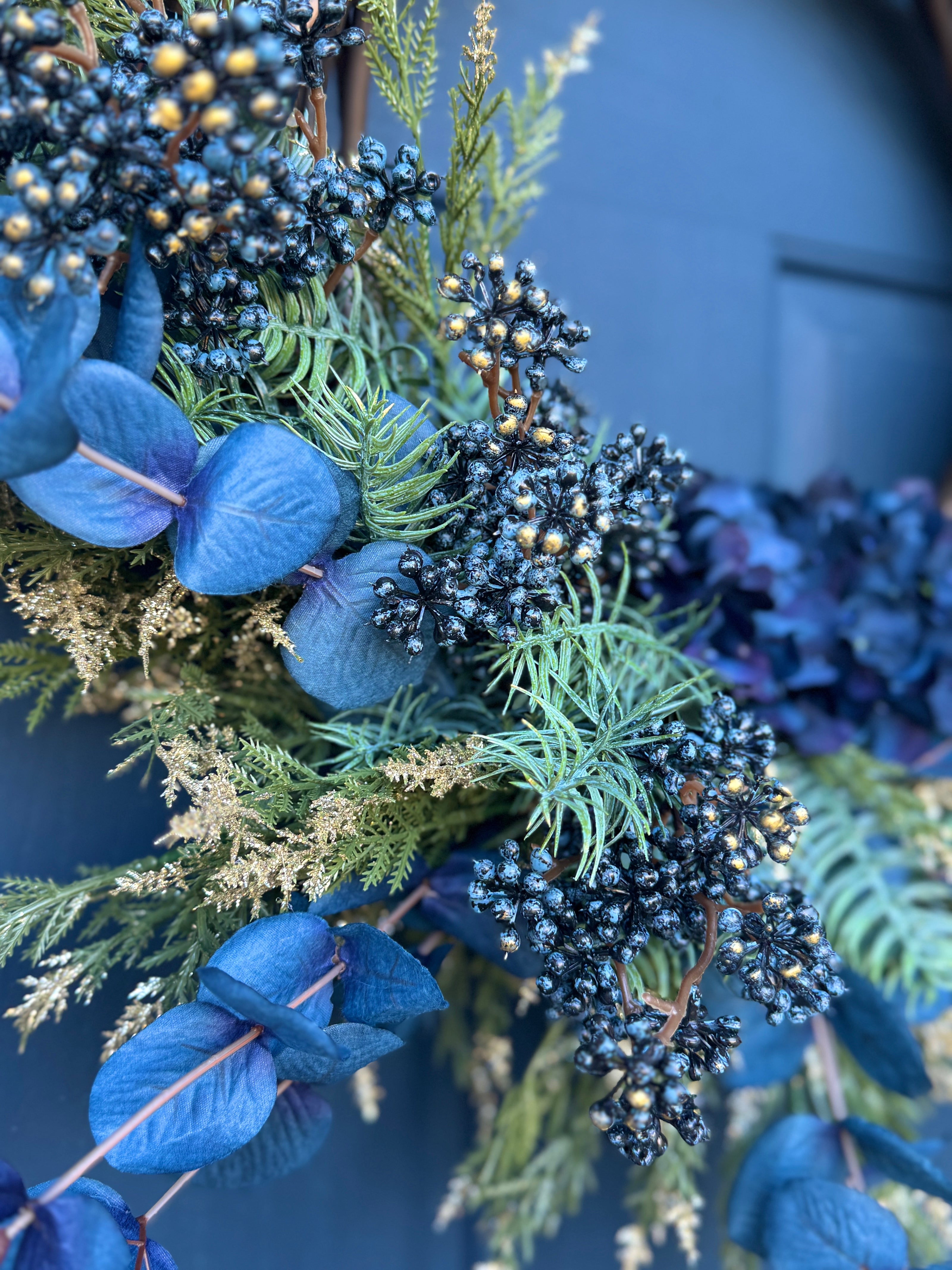 AVAILABLE IN STORE - Elegant Blue Botanical Wreath – Eucalyptus, Fern & Hydrangea Accent