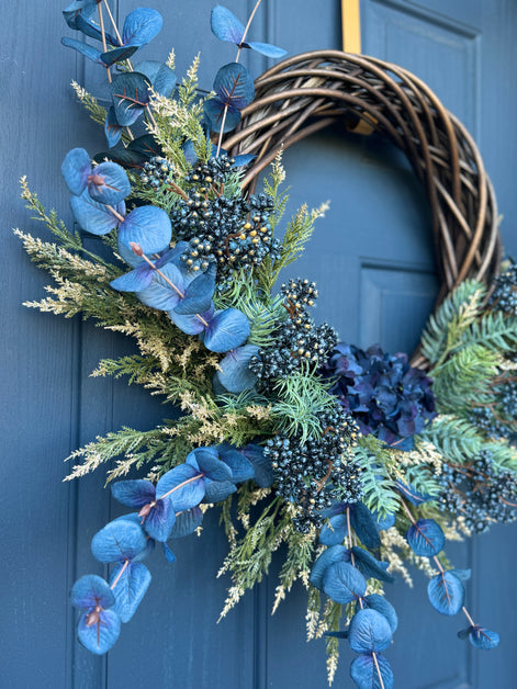 AVAILABLE IN STORE - Elegant Blue Botanical Wreath – Eucalyptus, Fern & Hydrangea Accent