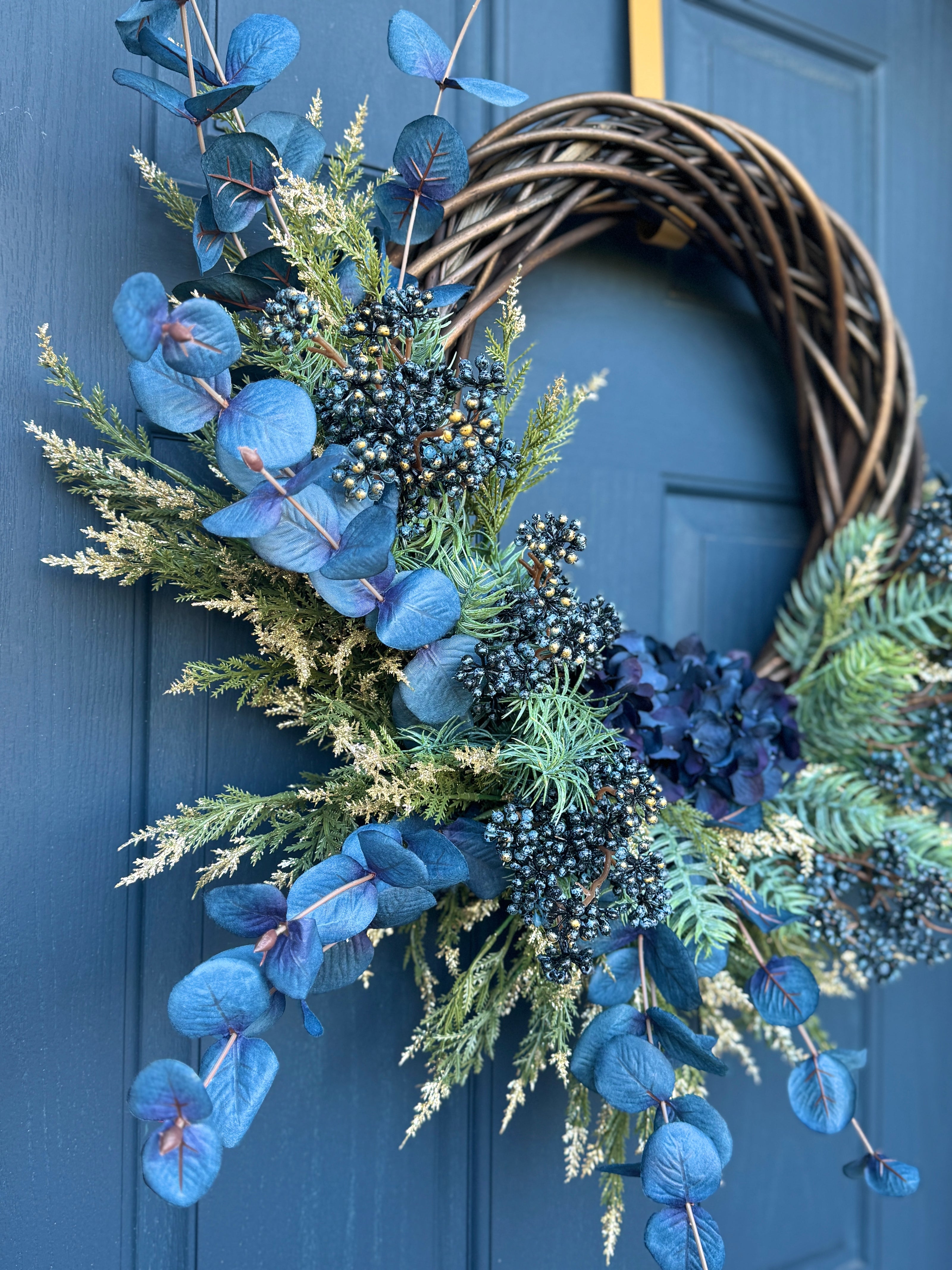 AVAILABLE IN STORE - Elegant Blue Botanical Wreath – Eucalyptus, Fern & Hydrangea Accent
