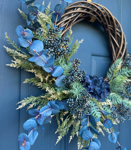 AVAILABLE IN STORE - Elegant Blue Botanical Wreath – Eucalyptus, Fern & Hydrangea Accent