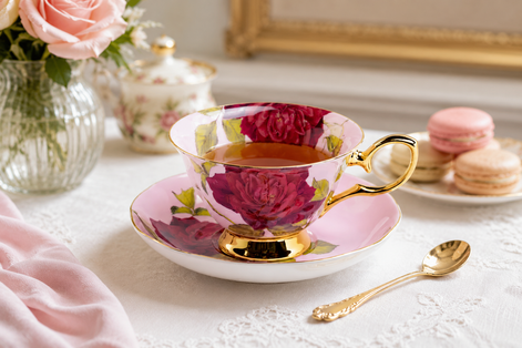Gold Pink Stem Rose 7oz Bone China Tea Cup and Saucer
