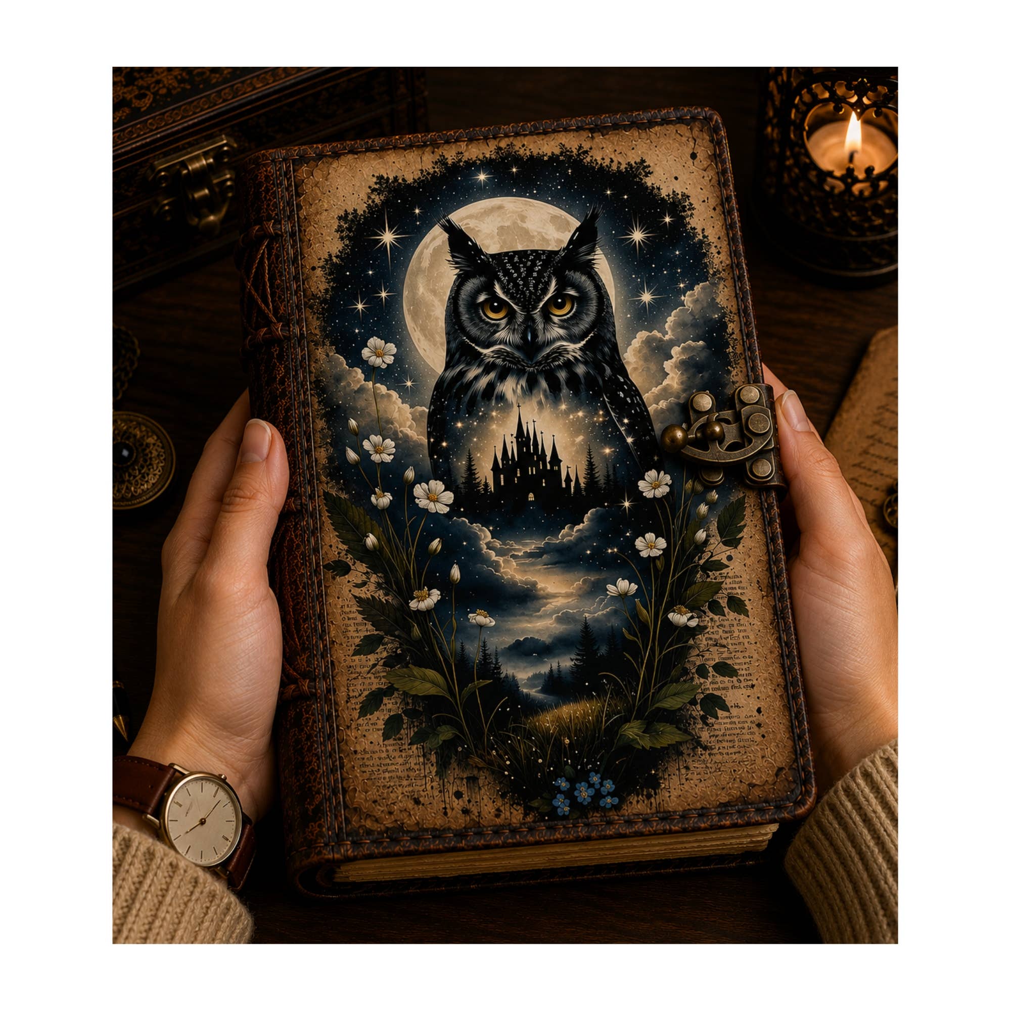 Owl Celestial Moon Leather Diary for Witchy Boutiques Cover