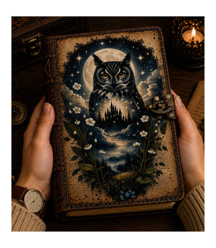 Owl Celestial Moon Leather Diary for Witchy Boutiques Cover