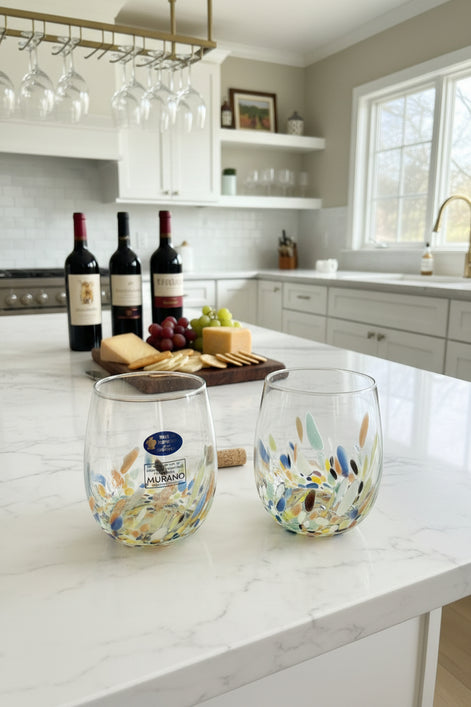 Murano Confetti Stemless Wine Glasses Hand Blown Italy New Set of 2