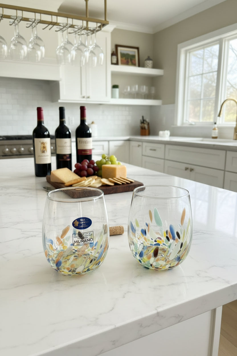 Murano Confetti Stemless Wine Glasses Hand Blown Italy New Set of 2