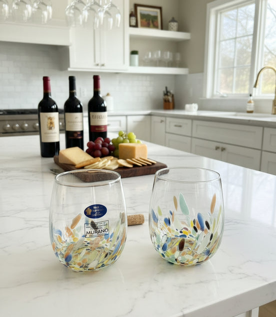 Murano Confetti Stemless Wine Glasses Hand Blown Italy New Set of 2