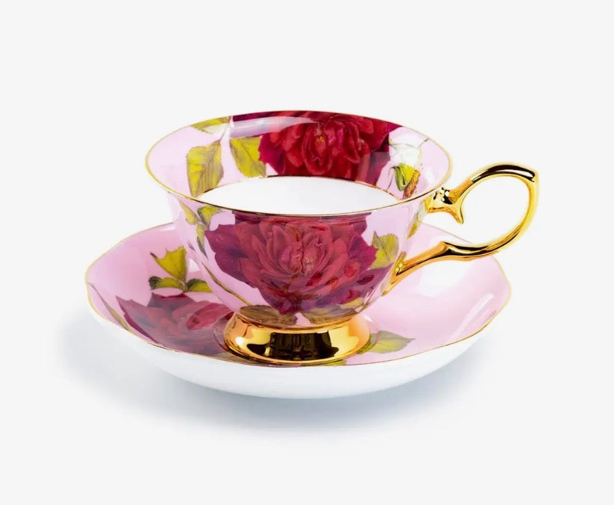 Gold Pink Stem Rose 7oz Bone China Tea Cup and Saucer
