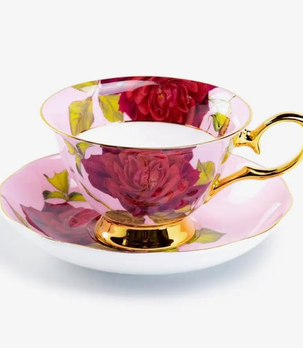 Gold Pink Stem Rose 7oz Bone China Tea Cup and Saucer