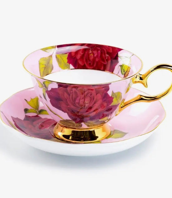 Gold Pink Stem Rose 7oz Bone China Tea Cup and Saucer
