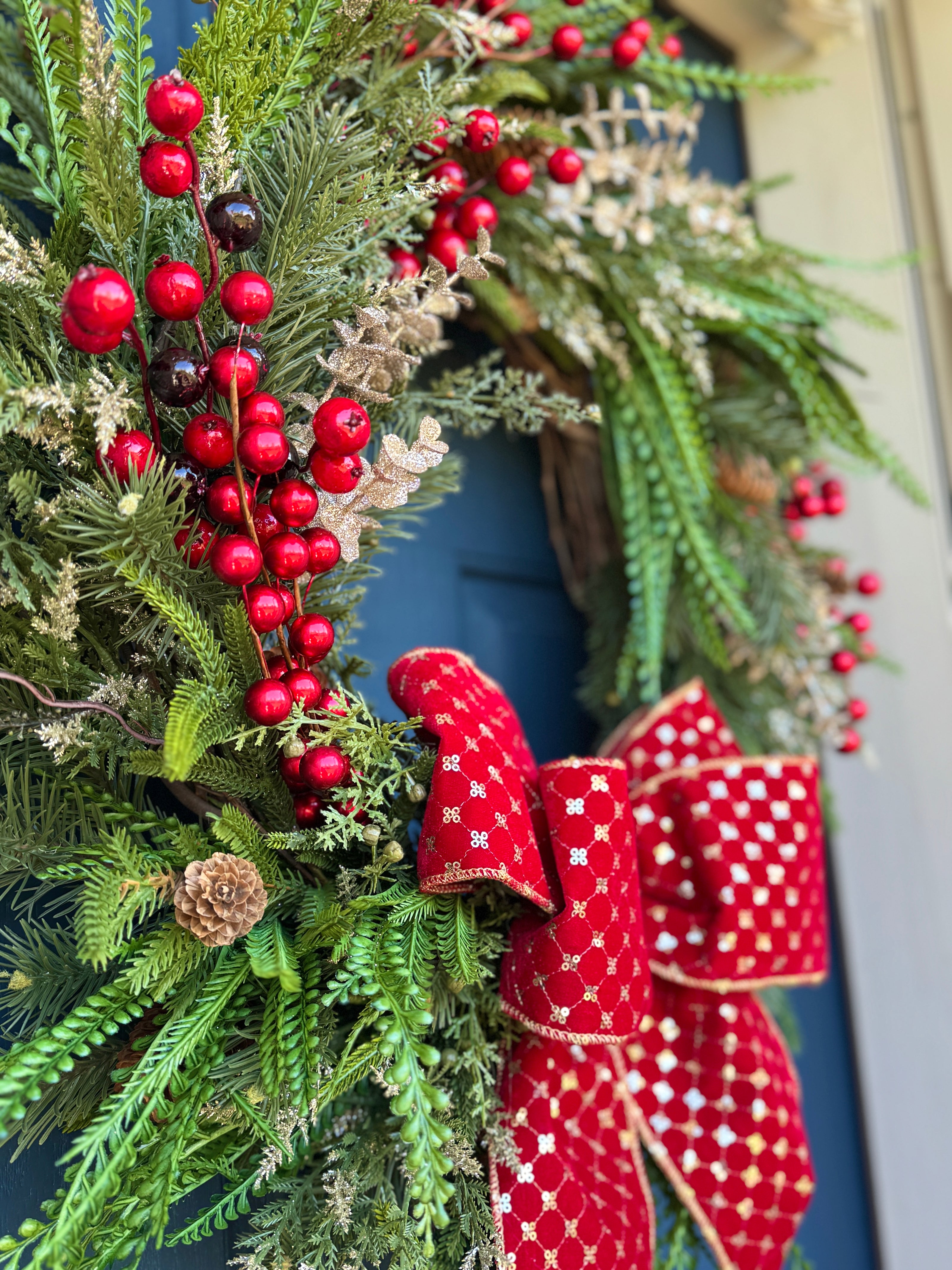 AVAILABLE IN STORE - Classic Holiday Wreath with Red Bow & Berries