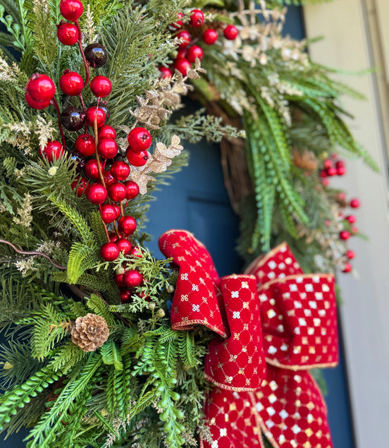 Classic Holiday Wreath with Red Bow & Berries