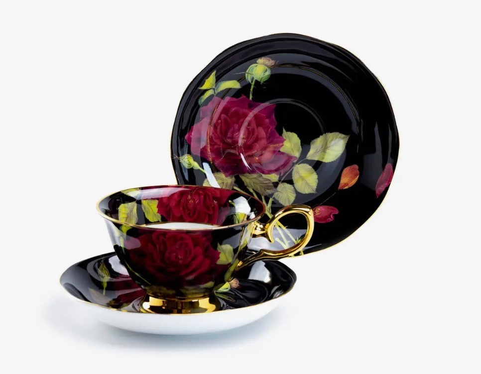 Gold Black Stem Rose 7oz Bone China Tea Cup and Saucer