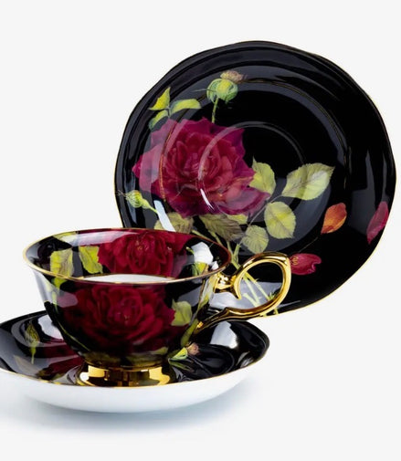 Gold Black Stem Rose 7oz Bone China Tea Cup and Saucer