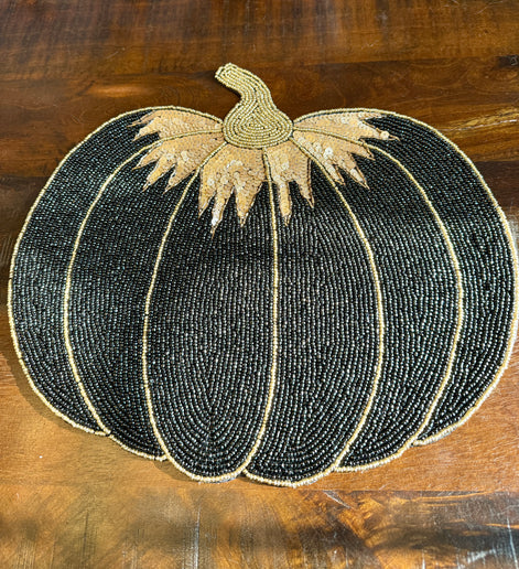 Set of 2 TAHARI HOME Black and Gold Sequin/Beaded Pumpkin Charger