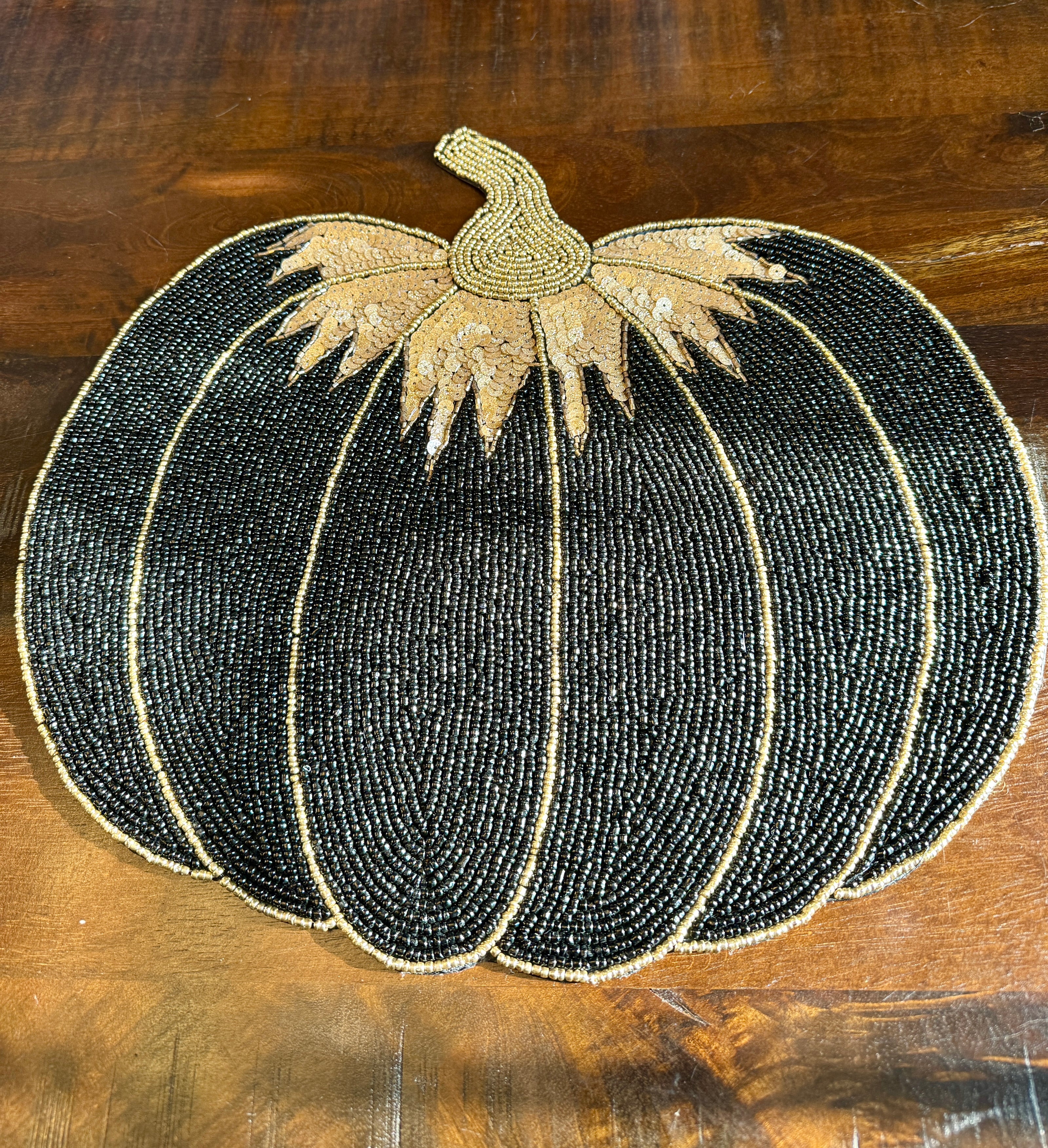 Set of 2 TAHARI HOME Black and Gold Sequin/Beaded Pumpkin Charger