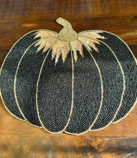 Set of 2 TAHARI HOME Black and Gold Sequin/Beaded Pumpkin Charger