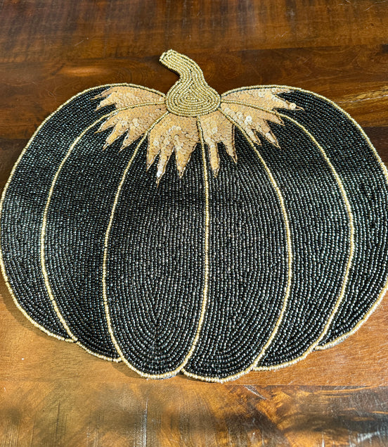 Set of 2 TAHARI HOME Black and Gold Sequin/Beaded Pumpkin Charger