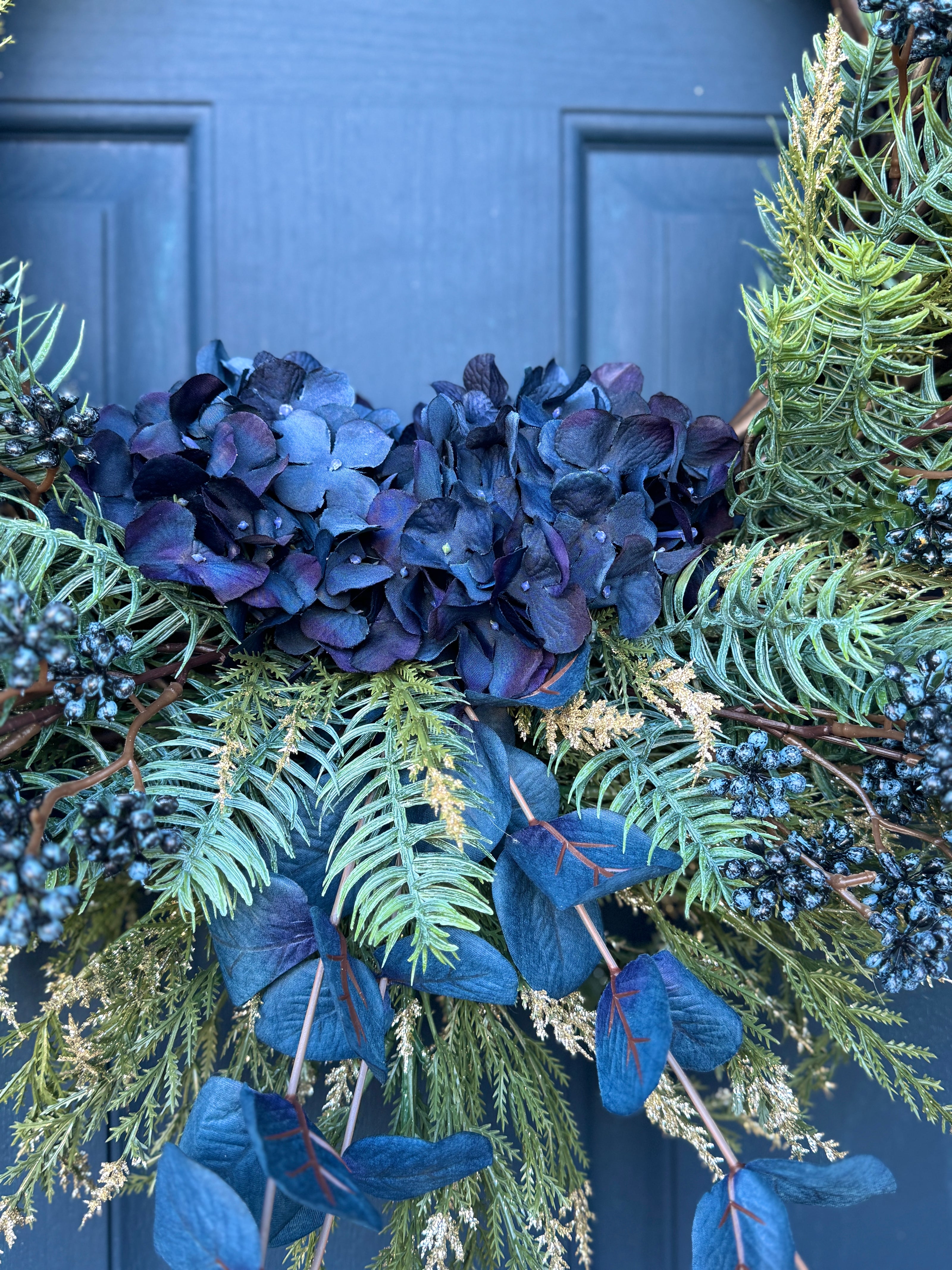 AVAILABLE IN STORE - Elegant Blue Botanical Wreath – Eucalyptus, Fern & Hydrangea Accent