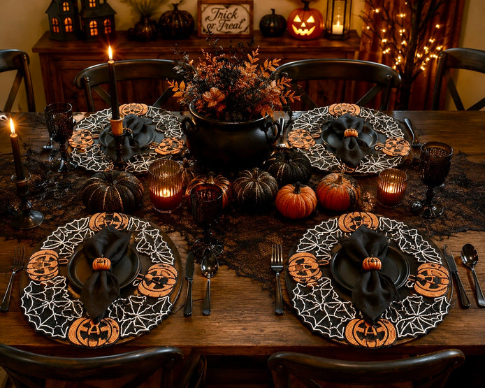 Set of 4 Tahari Halloween Beaded Charger Pumpkin Placemats
