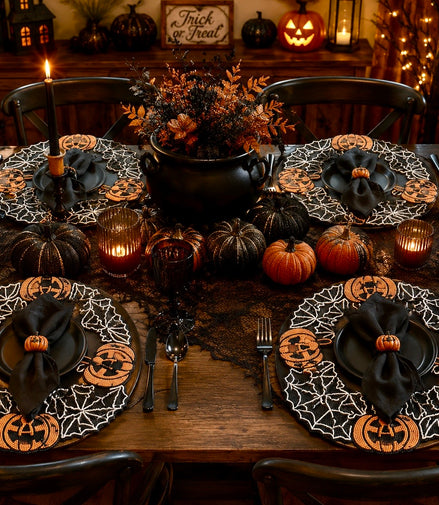 Set of 4 Tahari Halloween Beaded Charger Pumpkin Placemats