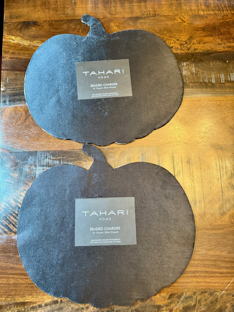 Set of 2 TAHARI HOME Black and Gold Sequin/Beaded Pumpkin Charger