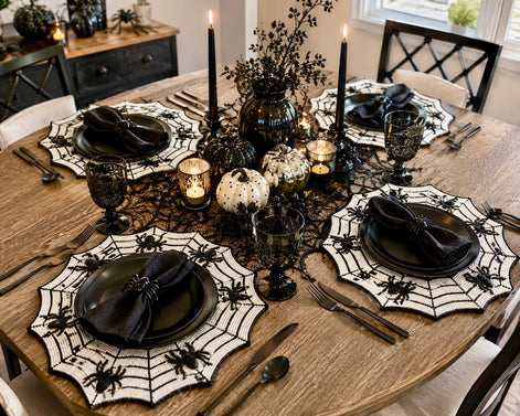 Set of 4 Tahari Halloween Beaded Charger Spider Web Placemats