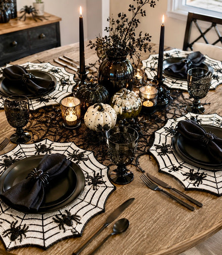 Set of 4 Tahari Halloween Beaded Charger Spider Web Placemats