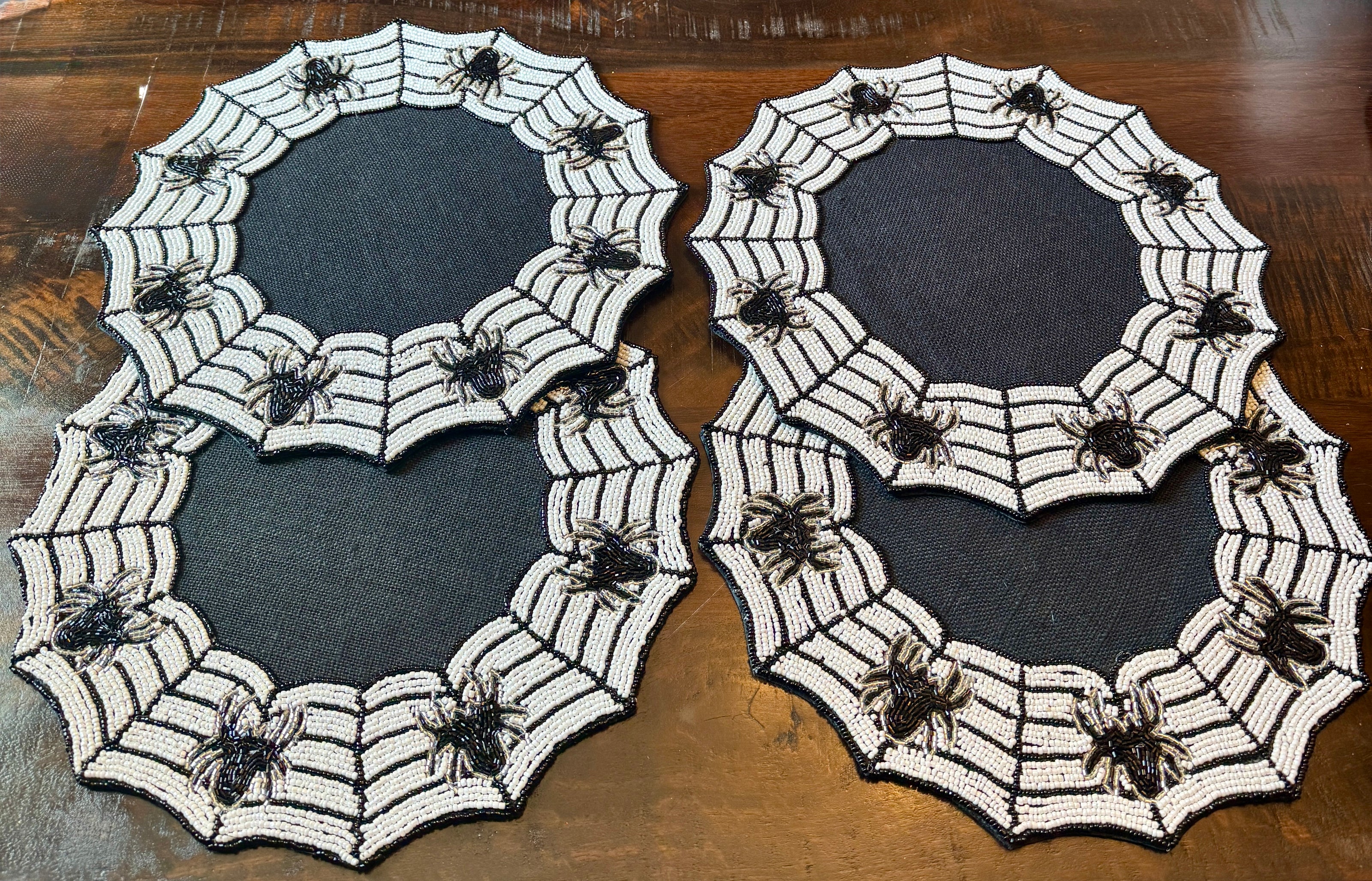 Set of 4 Tahari Halloween Beaded Charger Spider Web Placemats