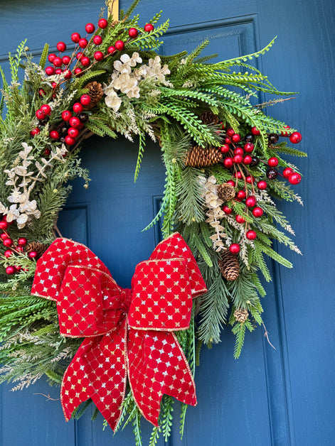 AVAILABLE IN STORE - Classic Holiday Wreath with Red Bow & Berries