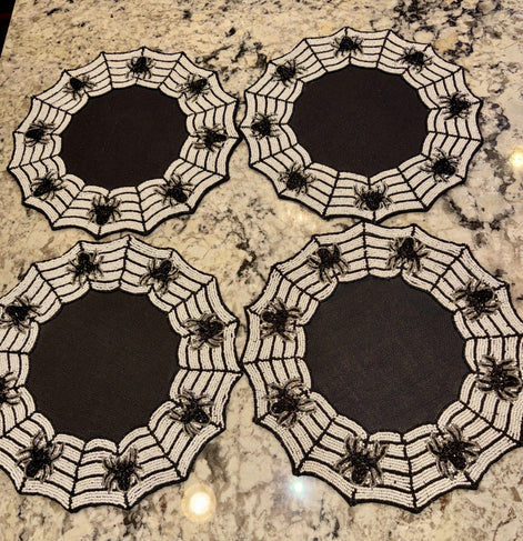 Set of 4 Tahari Halloween Beaded Charger Spider Web Placemats